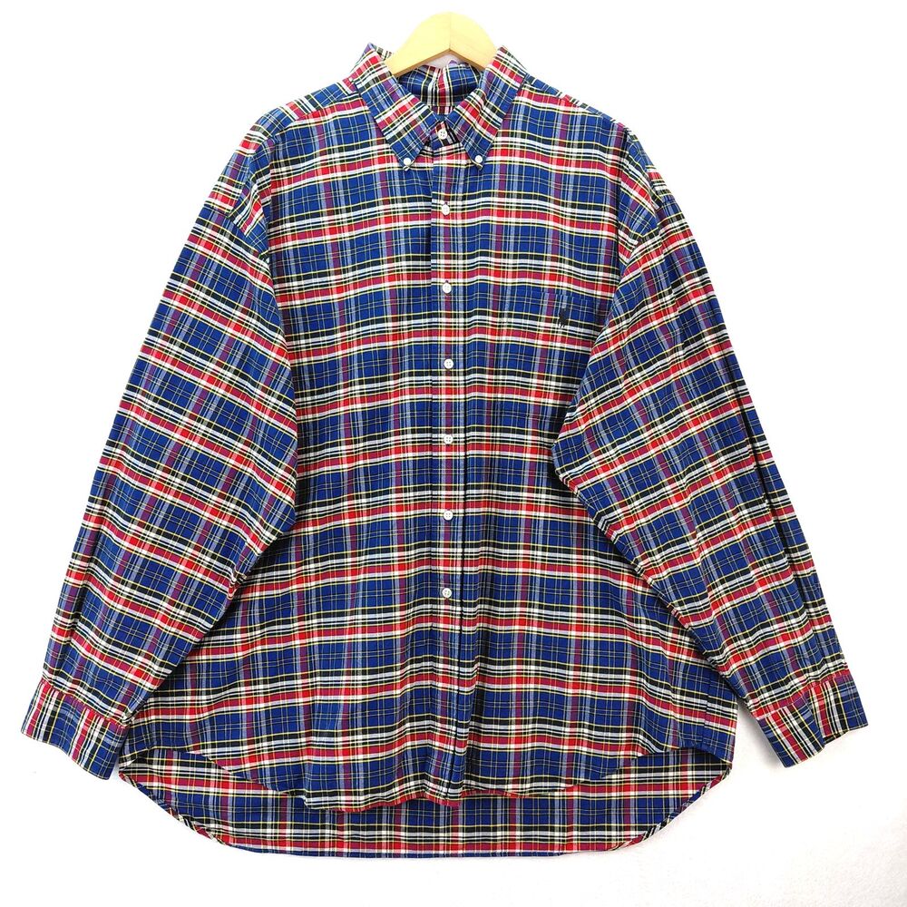 Ralph Lauren Big Shirt Mens XXL Navy Blue Red Plaid Long Sleeve Button Pony VTG